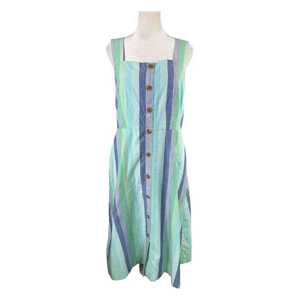 Talbots 4 Beachcomber Stripe Sleeveless Midi Dress Fit Flare 100% Cotton Pockets